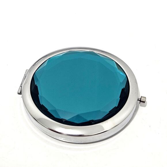 Teal Gem Topped Silver Compact Purse Mirror Travel Accessory New - Picture 2 of 4